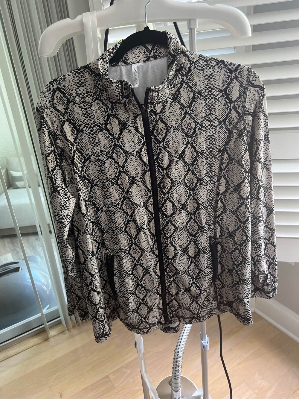 Snake Print Zip Front Lightweight Swim Jacket SwimSuit material - Black & Cream